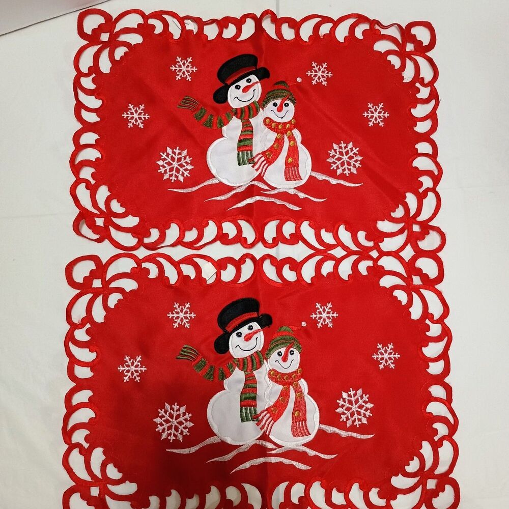 Mr And Mrs Snowman Embroidered Placemats (2) And  Table Runner Christmas Decor